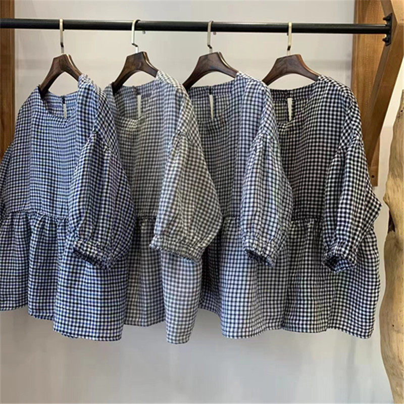 日系亚麻格子拼接娃娃衫女夏季新款宽松百搭减龄文艺灯笼袖上衣女