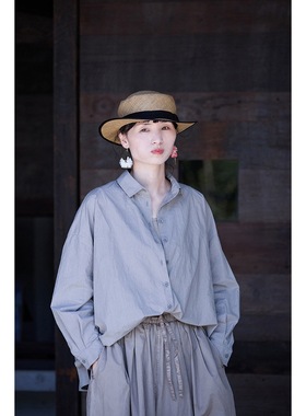 秋季新品文艺复古原创女装灰色纯棉衬衣温润宽松休闲小翻领衬衫