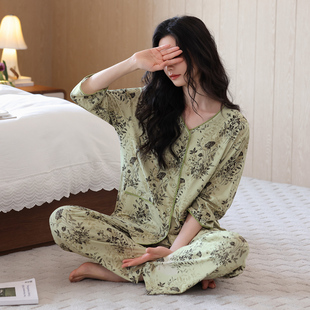 中年妈妈纯棉家居服夏天套装 绿色新款 中国风睡衣女士春秋七分半袖