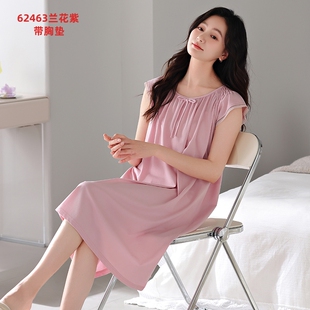 带胸垫夏天睡裙女短袖天丝棉宽松大码中年妈妈无袖睡衣可外穿裙子