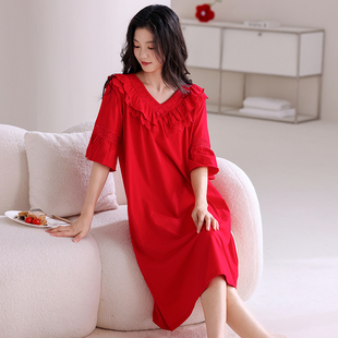 大红色睡裙女春秋五分袖纯棉本命年中年妈妈半袖家居服结婚睡衣夏