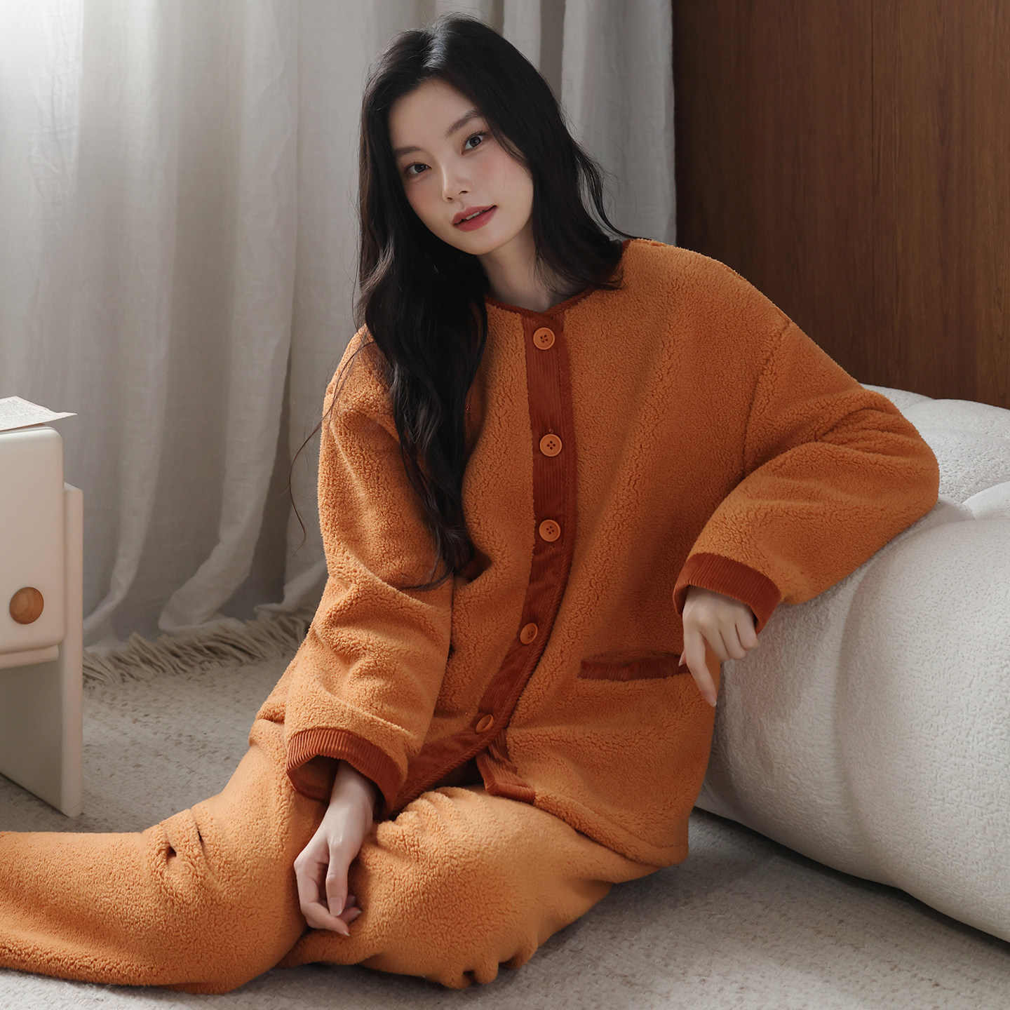 加厚羊羔绒保暖睡衣女春秋冬长袖