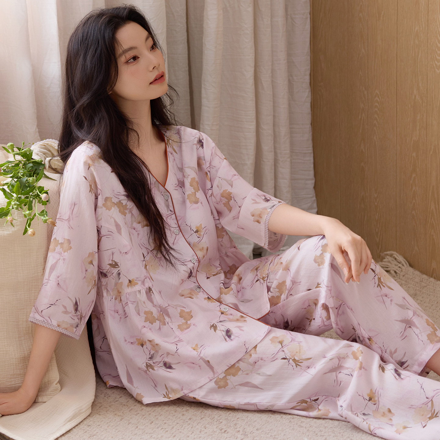 中年妈妈睡衣女带胸垫半袖家居服