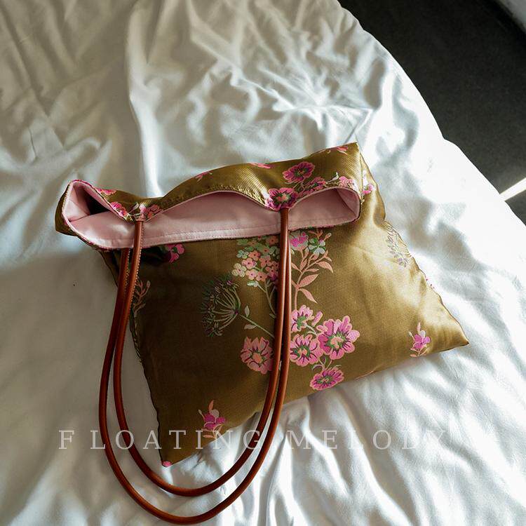 国风茶绿色vs粉桃花单肩包原创