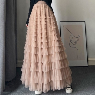 粉色长裙子 黑色网纱蛋糕裙纱裙半身裙女秋冬2026新款 春季 长款