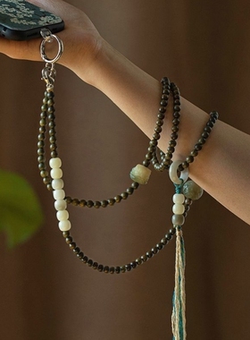 天然绿檀木手机链挂绳斜挎可背挂件绳防丢绳子精致新中式菩提挂件