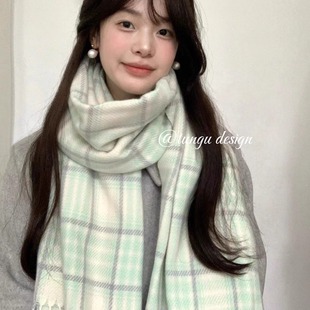 星月豚骨“青提乌龙”薄荷绿格子围巾韩系清新秋冬保暖披肩学生女