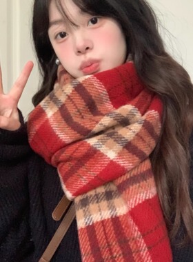 星月豚骨“金鱼姬 ”系列红色格子围巾显白秋冬保暖披肩jk围脖女