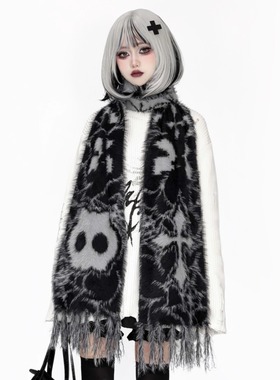 星月豚骨“骷髅猫”原创围巾黑灰仿貂毛流苏亚文化披肩哥特风万圣