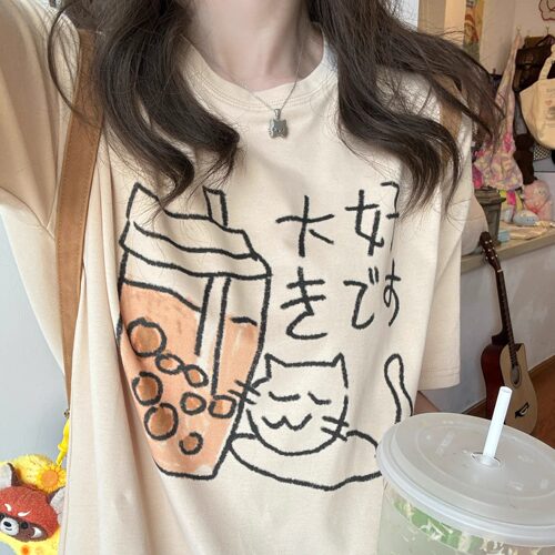 好想喝奶茶印花T恤~宽松超舒服！