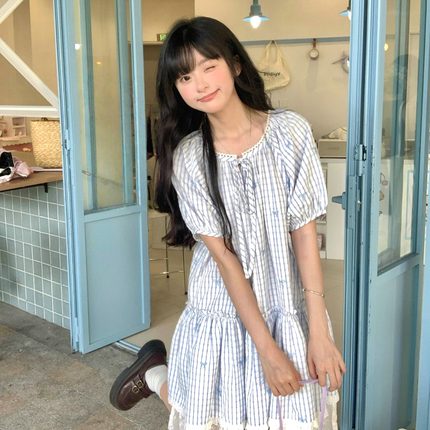 星月豚骨“海街日记”甜美连衣裙温柔泡泡袖蓝色裙子中长款夏季女