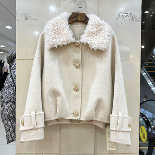 8266 欧货冬装2025羊卷毛大翻领单排扣落肩袖短装双面羊毛呢大衣