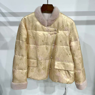 口毛国风鹅绒羽绒服 斜门禁盘扣桑蚕丝花水貂毛立领袖 XSFH265 82K