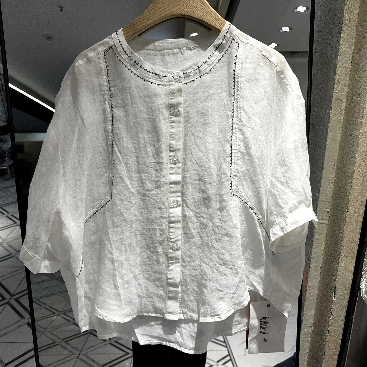 萌之慧5175 压明线圆领落肩短袖休闲舒适苎麻衬衫上衣欧洲站夏女