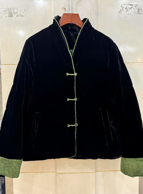 7608 撞色包边V领三粒盘扣复古轻奢短装桑蚕丝丝绒鹅绒羽绒服冬装