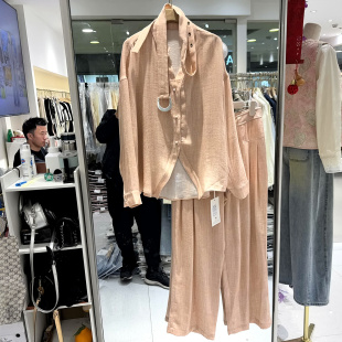 棉麻两件套春装 韩伊雪H2639 高腰直筒裤 系带收腰V领休闲衬衫 时尚