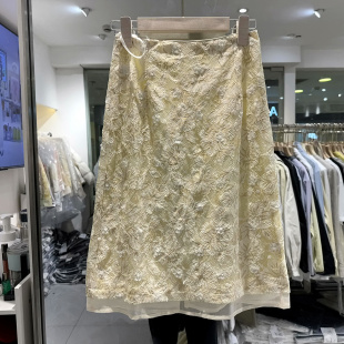 高腰后开叉亮片刺绣花马海毛蕾丝半身裙中裙欧货春装 26C9211 时尚