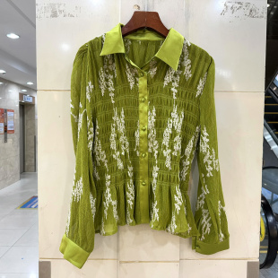 弹力压褶撞色刺绣花洋气衬衣小衫 L68961 时尚 2026新款 女 欧货春装