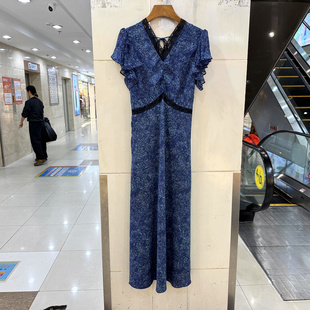 3338-DFQ26 荷叶边飞飞袖系带前后蕾丝边V领高腰碎花中长连衣裙夏
