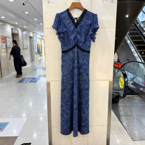 3338-DFQ26蕾丝V领碎花中长裙