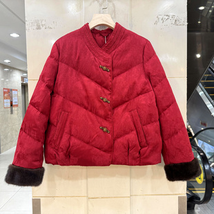 口国风短羽绒服冬正品 依米莎25D071 斜门禁三粒扣立领仿水貂毛袖