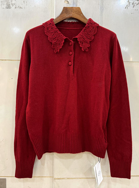 77-68130 镂空钩花翻领三粒扣休闲洋气羊毛羊绒毛衣上衣欧货冬装