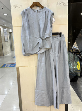 33-3616 侧皱褶收腰设计感无袖上衣+后松紧腰阔腿裤醋酸两件套夏