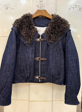 A587 羊羔毛海军娃娃领拉链拼皮扣休闲短装牛仔羽绒服外套欧货