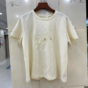 X68860 休闲减龄天丝棉T恤上衣欧货春夏 钉珠蕾丝刺绣马花圆领短袖