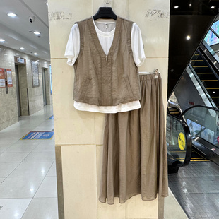 JY26XT051 拉链假两件马甲T恤上衣+中长半身裙桑蚕丝休闲两件套夏