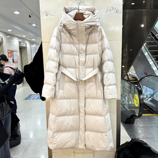 连帽羽绒服欧洲站冬装 拼皮门禁腰带收腰加厚极寒长款 女 时尚 ZY065