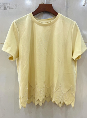 68821 重工串珠刺绣花下摆圆领短袖休闲减龄短装T恤上衣欧货春夏