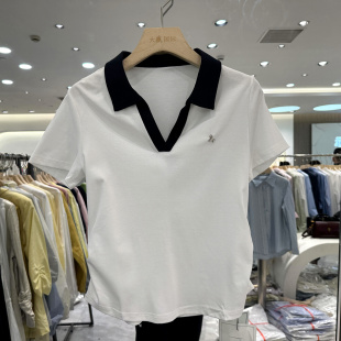 思情依人6031 短袖 T恤上衣欧货夏正品 撞色剪刀翻领高级感皱褶修身