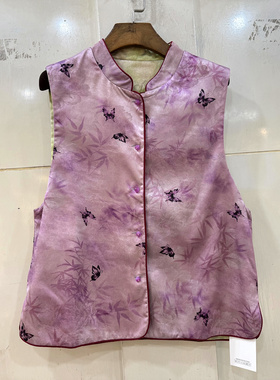 Q00711 珍珠单排扣立领蝴蝶提花国风香云纱两面穿马甲外套春装欧