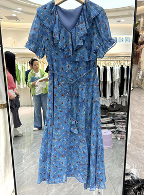 雅琪娜R9205 荷叶边娃娃V领系带收腰小碎花仿真丝中长连衣裙夏装