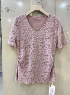 艾嫚伊88165 重工镶钻V领短袖皱褶修身百搭蕾丝衬衣小衫上衣正品
