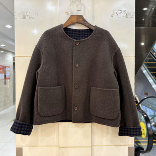 两面穿双面羊毛大衣外套 欧洲站秋冬2025圆领格子休闲短装 2038