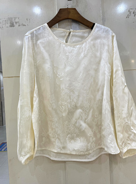 虹千丽7021 欧货春装2026新款时尚圆领复古提花百搭桑蚕丝衬衫女