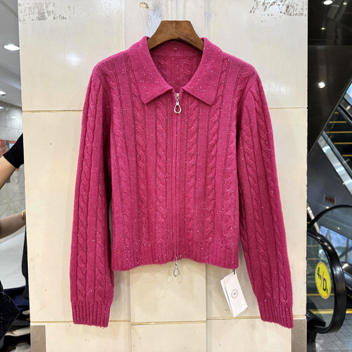 119-6658双拉链亮丝羊毛针织开衫