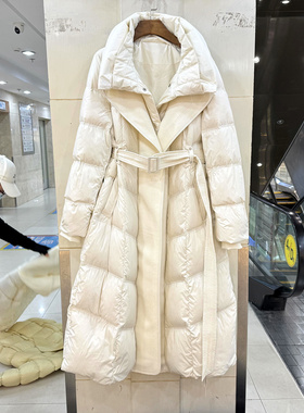 33-2787 门禁拼毛呢双层翻领系带收腰洋气长款加厚羽绒服欧货冬装