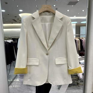 西服外套欧货春装 2606 口一粒扣通勤桑蚕丝亚麻西装 撞色袖 女 时尚