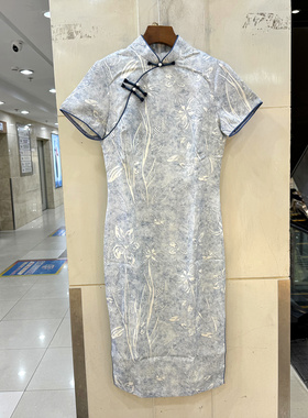 衣D33281 斜门禁盘扣立领复古提花侧开叉修身中长旗袍连衣裙夏装