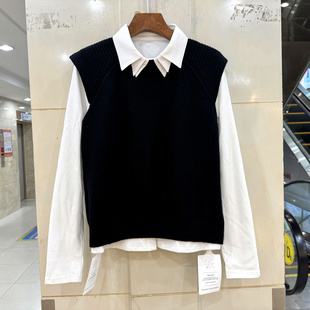 3099F/3101 三层翻领磨毛洋气衬衫+羊毛针织马甲罩衫两件套春2026