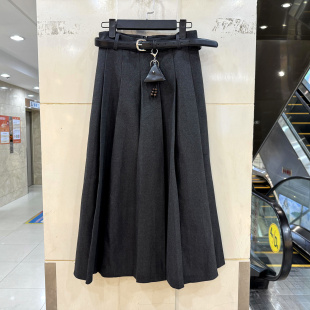 Beauty 三角包腰带高腰压褶A字中长毛呢半身裙伞裙欧货秋冬 6223