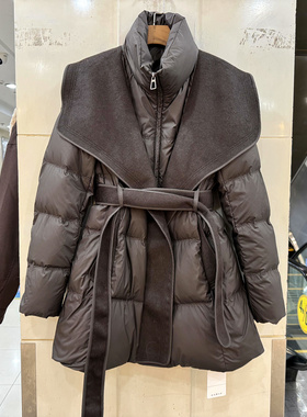 33-5392 羊毛呢大盆领腰带收腰假两件气质小个中长羽绒服欧货冬装