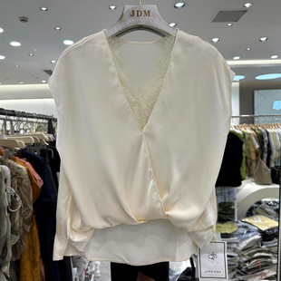 锦绣阁铭店26A60 蕾丝花边V领前短后长飞飞袖休闲缎面衬衫上衣夏