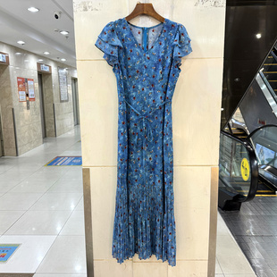 L69137 荷叶边袖V领圈圈小碎花拼百褶鱼尾真丝气质中长连衣裙夏装