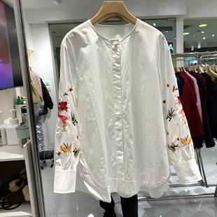 CZ26123 重工蝴蝶刺绣花袖盘扣圆领白色天丝棉衬衫上衣欧货春装