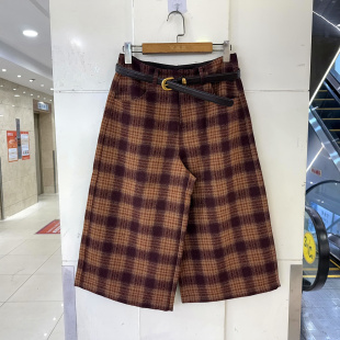 6085-5 欧货秋冬2026腰带高腰英伦风格子羊毛呢五分裤阔腿裤女裤