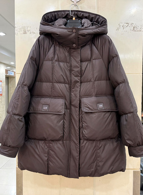 三和缘SHYD25008 休闲大口袋小个中长连帽羽绒服欧货冬装专柜正品